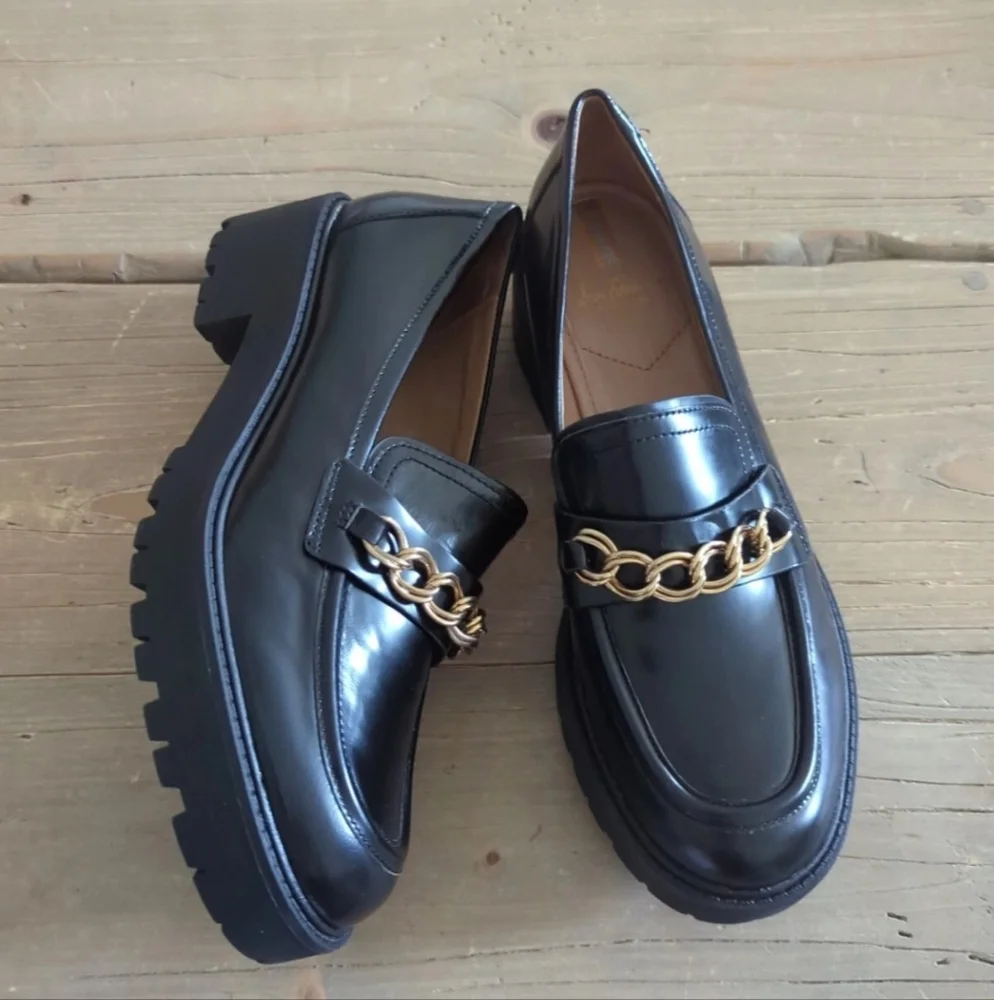 Sam Edelman Taelor Lug Sole Loafer Gold Chain Detail Chunky Glossy Black 9 New
